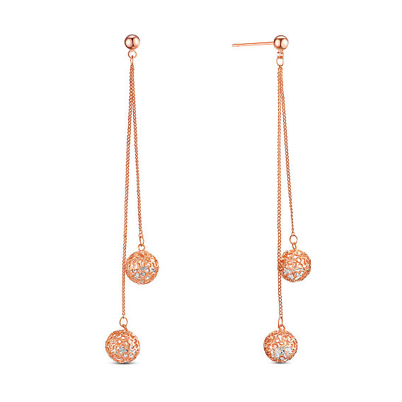 SHEGRACE Brass Cubic Zirconia Dangle Stud Earrings, with Curb Chains and Hollow Round Beads