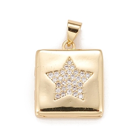 Brass Micro Pave Cubic Zirconia Locket Pendants, Photo Frame Charms for Necklaces, Real 18K Gold Plated, Lead Free & Cadmium Free, Square with Star