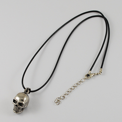 Zinc Alloy Skull Necklaces for Halloween, with Zinc Alloy Pendants, Zinc Alloy Lobster Claw Clasps, Iron Chains and Waxed Cord, 17.1 inch