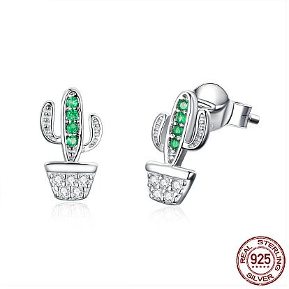 925 Sterling Silver Cubic Zirconia Stud Earrings, with 925 Stamp, Cactus