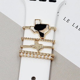 Irregular Figure Alloy Faux Fur Watch Band Charms Set, Imitation Pearl Beads Watch Band Decorative Ring Loops
