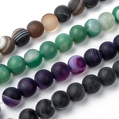 Natural Striped Agate/Banded Agate Bead Strands, Round, Frosted, Dyed & Heated, Grade A