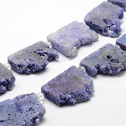 Electroplated Natural Druzy Crystal Beads Strands, Flat Slab Beads, Nuggets, Dyed