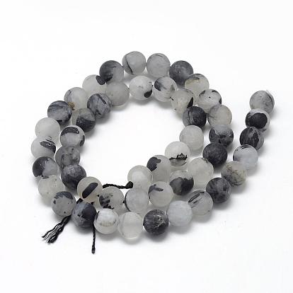 Naturales negras perlas de cuarzo rutilado hebras, esmerilado, rondo
