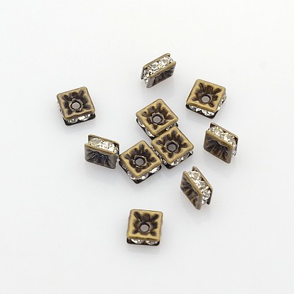 Brass Rhinestone Spacer Beads, Grade A, Square, Gunmetal, 5x5x2.5mm, Hole: 2.5mm