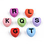Opaque Acrylic Enamel Beads, Horizontal Hole, Heart with Mixed Black Letters