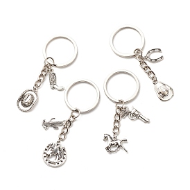 Tibetan Style Alloy Keychains, with 304 Stainless Steel & Iron Findings, Cowboy Theme, Mixed Shapes