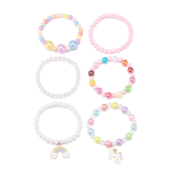 6 conjuntos de pulseras elásticas con cuentas acrílicas, pulseras de niño para niñas, con los colgantes de la aleación del esmalte, perlas de imitación de plástico abs e hilo de cristal elástico