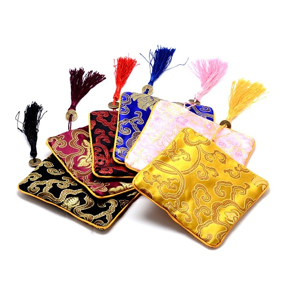 Rectangle Silk Pouches, with Coin Beads & Tassel Decorations, 12x12x0.4cm