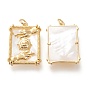 Brass Pendants, with Natural Shell and Jump Rings, Long-Lasting Plated, Rectangle with Hand & Sun