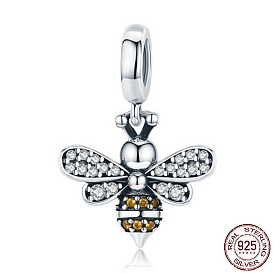 Thailand 925 Sterling Silver European Dangle Charms, Large Hole Pendants, with Cubic Zirconia, with 925 Stamp, Bees