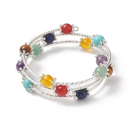 Bracelet enroulé à trois boucles avec perles rondes et pierres précieuses mélangées naturelles et synthétiques pour femme
