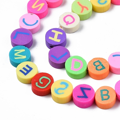 Handmade Polymer Clay Bead Strands, FLat Round with Capital Letter