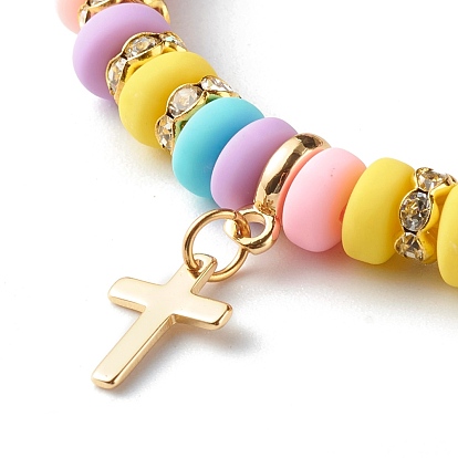 Handmade Polymer Clay Beads Stretch Bracelets, with Brass Rhinestone Spacer Beads and Cross Charm