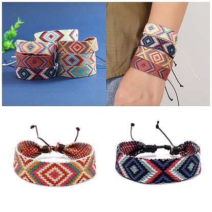 Cotton Braided Rhombus Cord Bracelet with Wax Ropes, Ethnic Tribal Adjustable Bracelet for Women