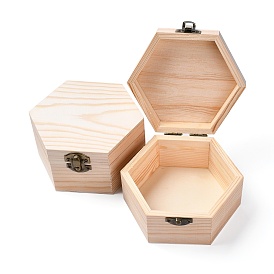 Wooden Storage Boxes, Jewelry Boxes, with Metal Clasps, Hexagon