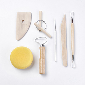 Wooden Handle Pottery Tools, with Stainless Steel Findings, Ceramics Sculpture Modelling Kit