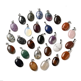 Gemstone Pendants, Oval Charms with Rack Plating Platinum Plated Brass Snap on Bails