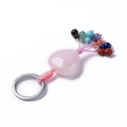 Natural & Synthetic Mixed Gemstone Heart with Mixed Gemstone Tassel Keychains, with 304 Stainless Steel Ring Clasps