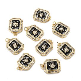 Brass Micro Pave Clear Cubic Zirconia Pendants, with Enamel and Jump Rings, Octagon with Sun