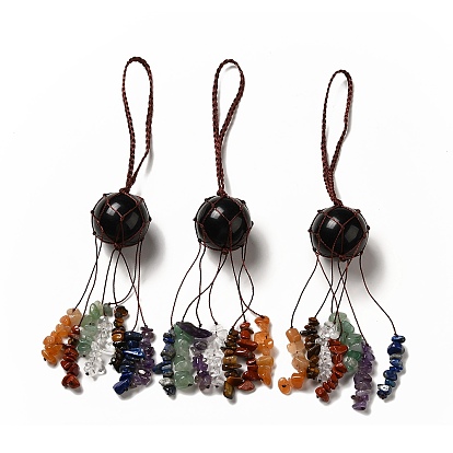 Natural & Synthetic Gemstone Round Pendant Decorations, Chakra Gemstone Chips Nylon Cord Hanging Ornament