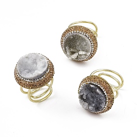 Natural Druzy Agate Cuff Ring with Rhinestone, Rack Plating Brass Wide Ring for Women, Cadmium Free & Lead Free, Golden