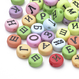 Opaque Acrylic Beads, Alphabet Style, Flat Round with Russian Alphabet