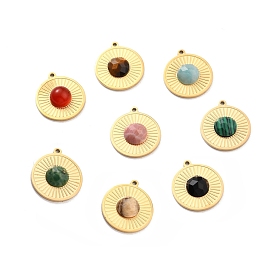Natural Gemstone Pendants, with Ion Plating(IP) 304 Stainless Steel Findings, Real 24K Gold Plated, Flat Round