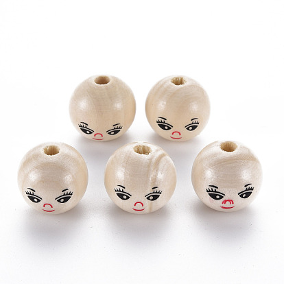 Printed Natural Wood European Beads, Undyed, Large Hole Beads, Round with Expression Pattern