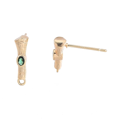 Brass Micro Pave Cubic Zirconia Stud Earring Findings, with Horizontal Loops, Nickel Free, Bamboo Stick, Real 18K Gold Plated