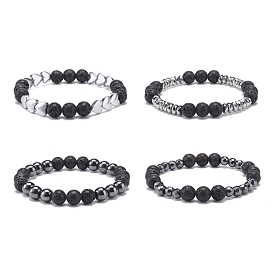 4Pcs 4 Style Natural Lava Rock & Synthetic Hematite Beaded Stretch Bracelets Set, Essential Oil Gemstone Jewelry for Women