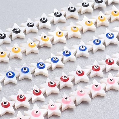 Natural Shell Beads Strands, with Enamel, Star with Evil Eye