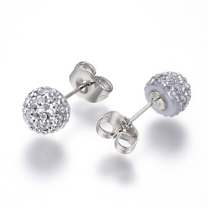 Rhinestone Ball Stud Earrings, with Stainless Steel Pins and Iron Ear Nuts