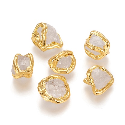 Raw Rough Natural Quartz Crystal Beads, with Golden Plated Brass Edge, Nuggets