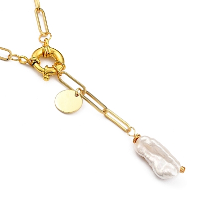 Natural Baroque Pearl Keshi Pearl Lariat Necklaces, with Brass Spring Ring Clasps and Alloy Rhinestone Pendant, Flat Round & Sun & Oval