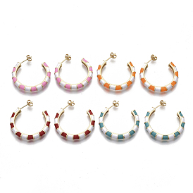 Boucles d'oreilles en laiton de goujon, boucles d'oreilles demi-créoles, avec émail bicolore et dos de boucle d'oreille, réel 18 k plaqué or, forme de bambou