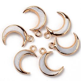 Natural Freshwater Shell Pendants, with Brass Loops, Edge Golden Plated, Moon