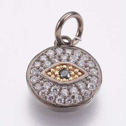 Brass Micro Pave Cubic Zirconia Charms, Lead Free & Cadmium Free, Flat Round with Eye