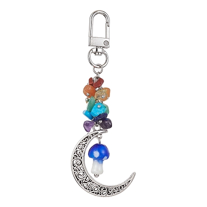 Hollow Moon Alloy Pendant Decoraiton, with Chakra Gemstone Chip and Mushroom Handmade Lampwork Beads, Alloy Swivel Clasps