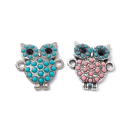 Alloy Connector Charms, Owl Links, with Jet Rhinestones and Synthetic Turquoise