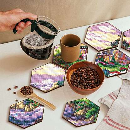 DIY Flower/Scenery Pattern Cup Mats Diamond Painting Kits, Including Hexagon Coasters, Resin Rhinestones, Diamond Sticky Pen, Tray Plate and Glue Clay