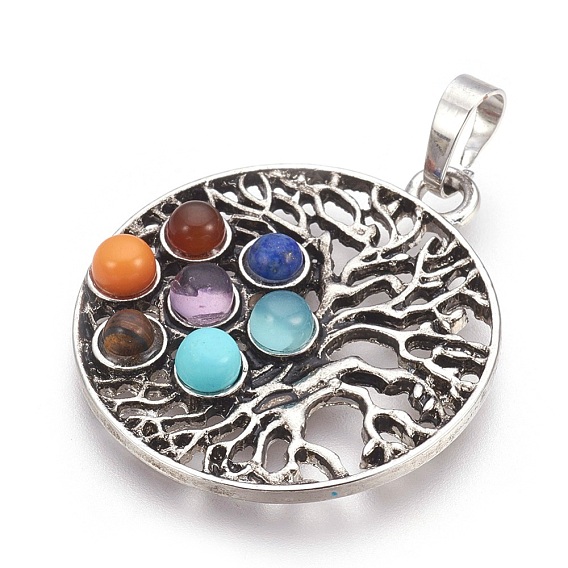 Natural & Synthetic Gemstone Pendants, with Alloy Findings, Flower, Chakra, Tree of Life