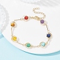 Brass Ring & Bar Link Chain Bracelet, Synthetic & Natural Mixed Gemstone Chakra Theme Bracelet