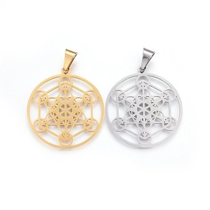304 Stainless Steel Pendants, Flat Round with Hexagon