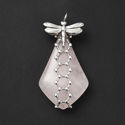 Natural Rose Quartz Pendants, Teardrop Charm, with Stainless Steel Color Plated 304 Stainless Steel Dragonfly Findings