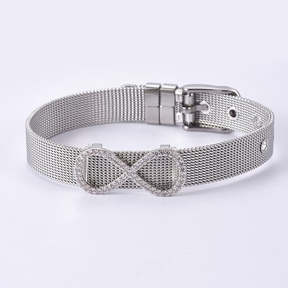 Unisex 304 Stainless Steel Watch Band Wristband Bracelets, with Brass Micro Pave Cubic Zirconia Slider Charms, Infinity