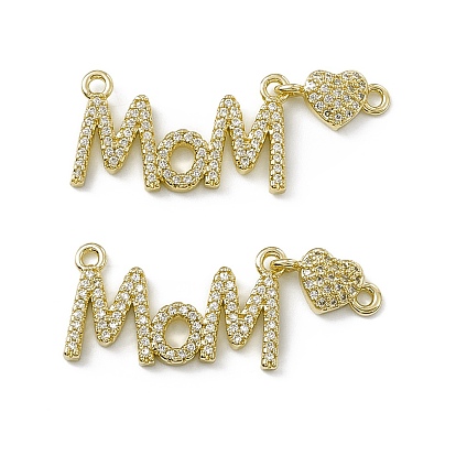 Rack Plating Brass Micro Pave Clear Cubic Zirconia Connector Charms, Mother's Day Links Word Mom with Heart for Women, Cadmium Free & Lead Free, Long-Lasting Plated