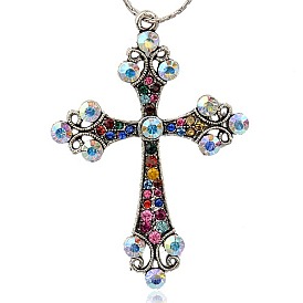 Alloy Rhinestone Big Pendants, Latin Cross Clenchee, Antique Silver, 73x51x5mm, Hole: 3mm