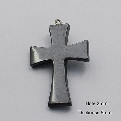 Non-magnetic Hematite Pendants, Grade A, with Iron Findings, Crucifix Cross, 40x26x6mm, Hole: 2mm