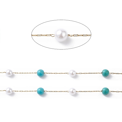 304 chaînes à maillons en perles de turquoise synthétique en acier inoxydable avec verre, non soudée, avec bobine, or